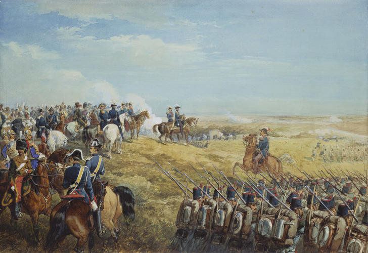 Napoleon III and Prince Albert witnessing a sham fight at Marquise, 8 September 1854