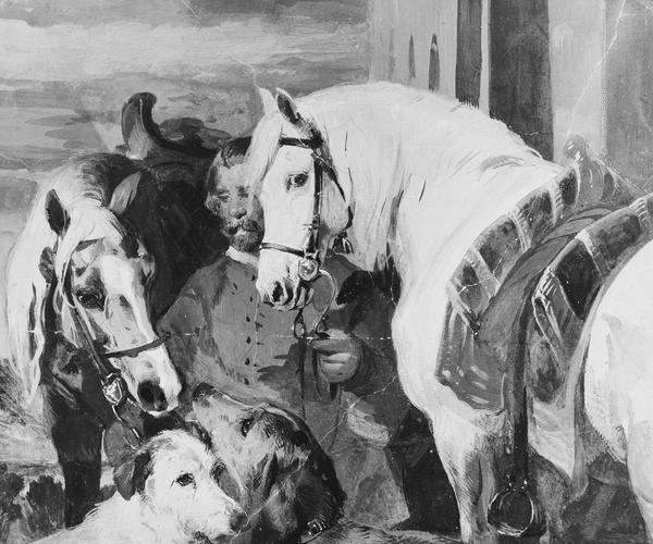 A Groom with Horses and Dogs