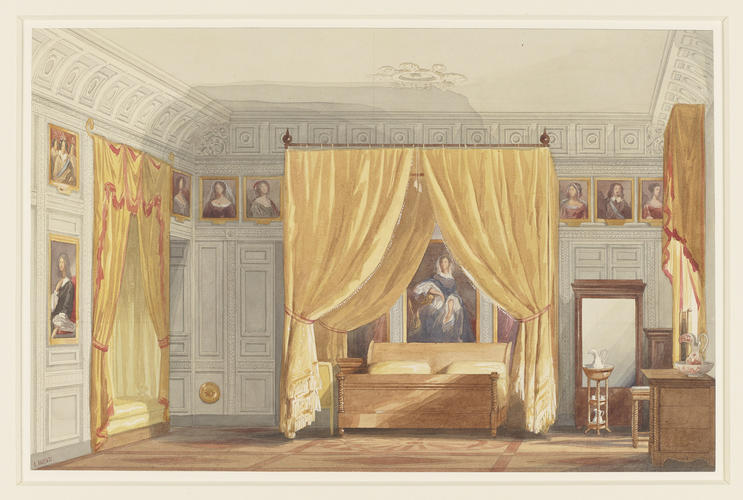 Royal visit to Louis-Philippe: Queen Victoria's bedroom at the Chateau d'Eu. 1843
