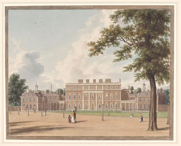 Buckingham House: The east (entrance) front, 1819 Buckingham House: The east (entrance) front, 1819
