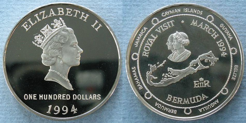 Bermuda. Proof 100 Dollars, commemorating the Royal Visit in March 1994