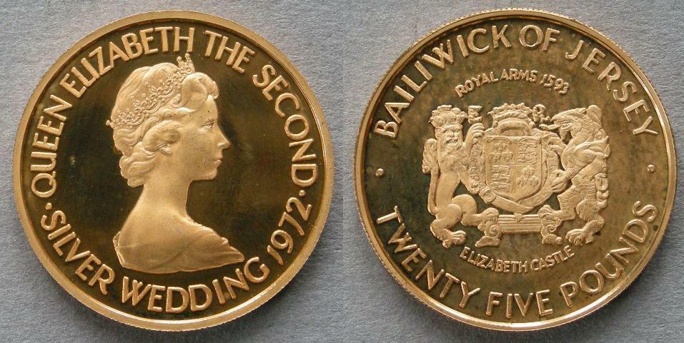 Jersey. Proof gold £25, 1972, commemorating the Silver Wedding of Elizabeth II Jersey. Proof gold £25, 1972, commemorating the Silver Wedding of Elizabeth II