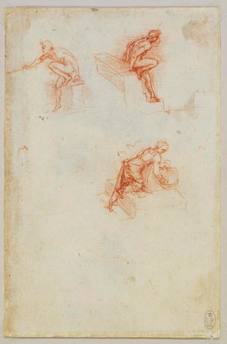 Recto: Two studies of naked youths bending forward, and a study of a woman kneeling at the edge of a pool with a bucket. Verso: Sketches of figures moving a large mill stone Recto: Two studies of naked youths bending forward, and a study of a woman kneeling at the edge of a pool with a bucket. Verso: Sketches of figures moving a large mill stone