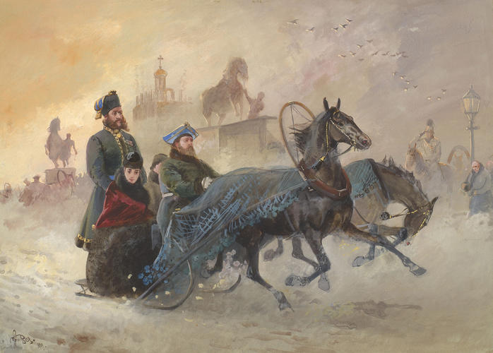 Marie Feodorovna, Empress of Russia, driving in a sleigh at St Petersburg in snow