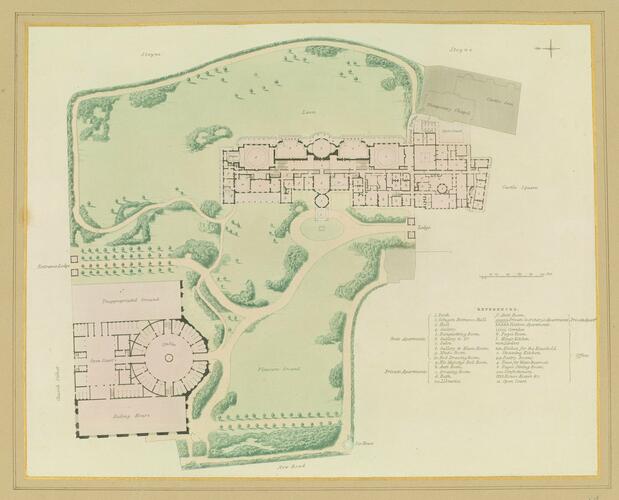Master: Illustrations of Her Majesty's Palace at Brighton; formerly the Pavilion: executed by the Command of King George the Fourth, under the Superintendence of John Nash, Esq. , architect : to which is prefixed, A History of the Palace, by Edward Wedlake Brayley, Esq. , F. S. A.
Item: A ground plan of Brighton Pavilion