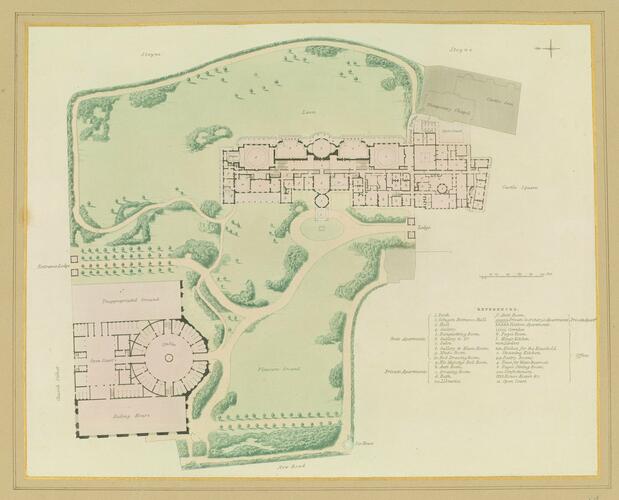 Master: Illustrations of Her Majesty's Palace at Brighton; formerly the Pavilion: executed by the Command of King George the Fourth, under the Superintendence of John Nash, Esq. , architect : to which is prefixed, A History of the Palace, by Edward Wedlake Brayley, Esq. , F. S. A.
Item: A ground plan of Brighton Pavilion Master: Illustrations of Her Majesty's Palace at Brighton; formerly the Pavilion: executed by the Command of King George the Fourth, under the Superintendence of John Nash, Esq. , architect : to which is prefixed, A History of the Palace, by Edward Wedlake Brayley, Esq. , F. S. A.
Item: A ground plan of Brighton Pavilion