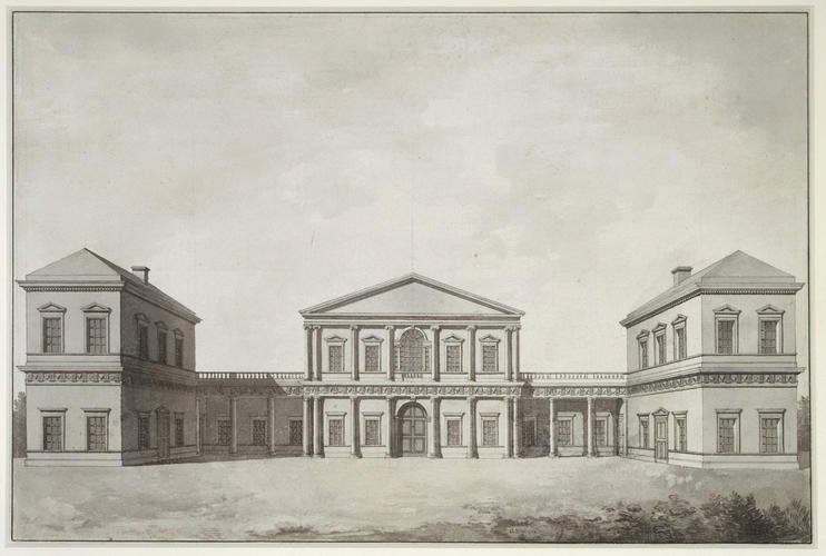 Perspective drawing of a classical building with pavilion wings