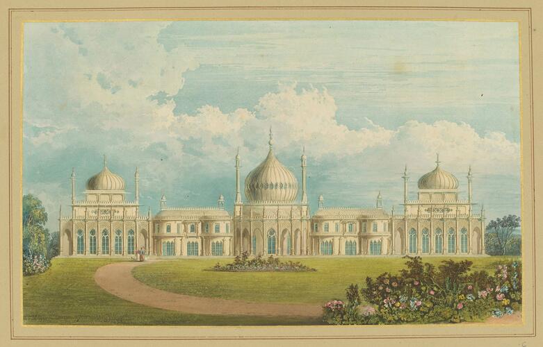 Master: Illustrations of Her Majesty's Palace at Brighton; formerly the Pavilion: executed by the Command of King George the Fourth, under the Superintendence of John Nash, Esq. , architect : to which is prefixed, A History of the Palace, by Edward Wedlake Brayley, Esq. , F. S. A.
Item: The Steyne Front as Originally Designed