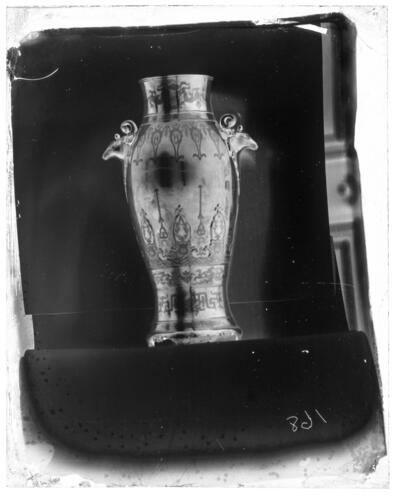 Glass plate negative of a bronze vase