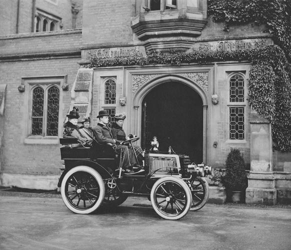 Photograph of Princess Mary, Duchess of York's first ride in a motor car, Monmouthshire, October 1900