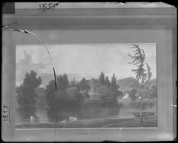 Glass plate negative of a watercolour of Virginia Water Glass plate negative of a watercolour of Virginia Water