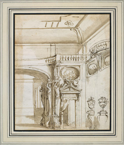 A room with a balcony supported by atlantes