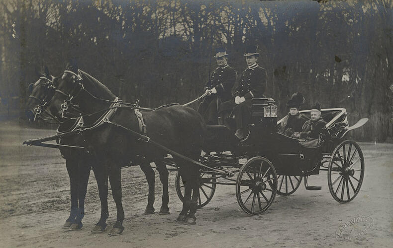 Master: Page 6 of Queen Mary's Album, Volume 15 (17th November 1909 - 16th December 1911)
Item: Princess Mary, later Queen Mary (1867-1953) seated in horse-drawn carriage Master: Page 6 of Queen Mary's Album, Volume 15 (17th November 1909 - 16th December 1911)
Item: Princess Mary, later Queen Mary (1867-1953) seated in horse-drawn carriage