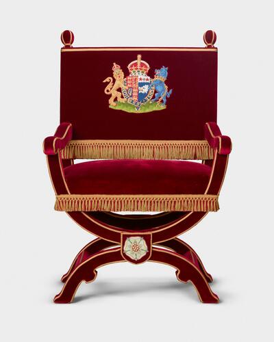 Master: Pair of throne chairs, used by King George VI and Queen Elizabeth and King Charles III and Queen Camilla
Item: Throne chair, used by Queen Elizabeth and Queen Camilla Master: Pair of throne chairs, used by King George VI and Queen Elizabeth and King Charles III and Queen Camilla
Item: Throne chair, used by Queen Elizabeth and Queen Camilla