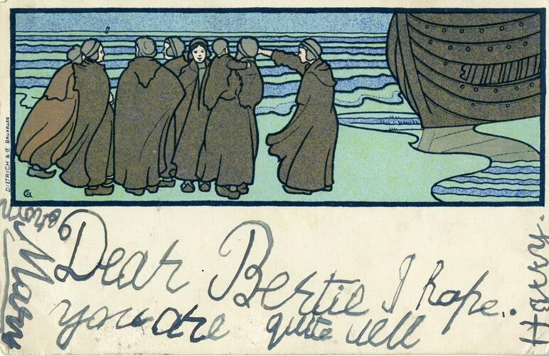 Postcard with an illustration of a group of travellers standing beside a boat Postcard with an illustration of a group of travellers standing beside a boat