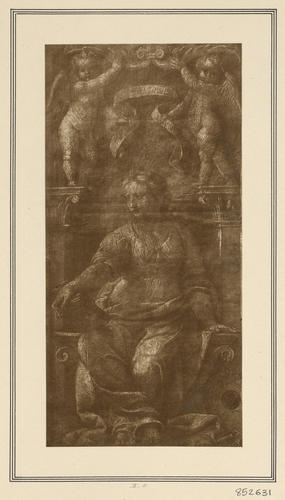 A seated female figure with two putti holding scrolls