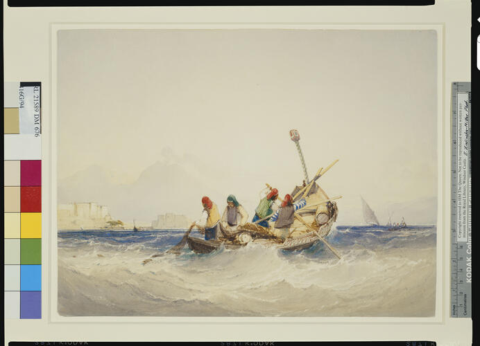 Neapolitan fishermen on a boat in the Bay of Naples