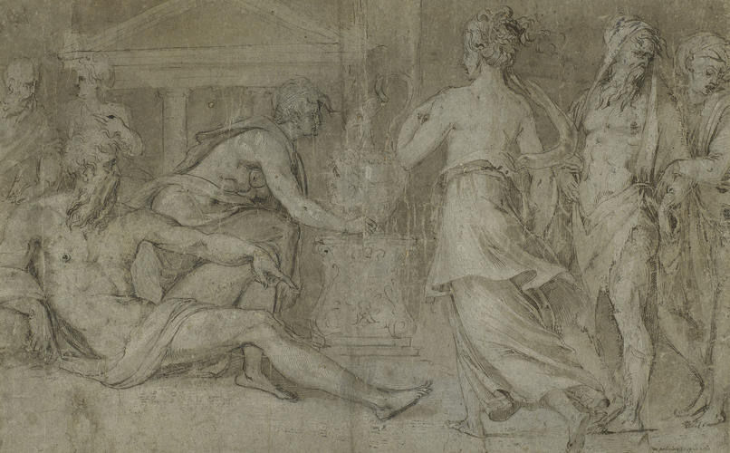 A scene before a classical altar A scene before a classical altar