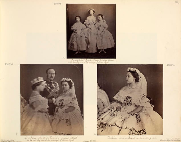 Princess Louise, Princess Alice and Princess Helena in the dresses they wore at the marriage of Victoria, the Princess Royal Princess Louise, Princess Alice and Princess Helena in the dresses they wore at the marriage of Victoria, the Princess Royal