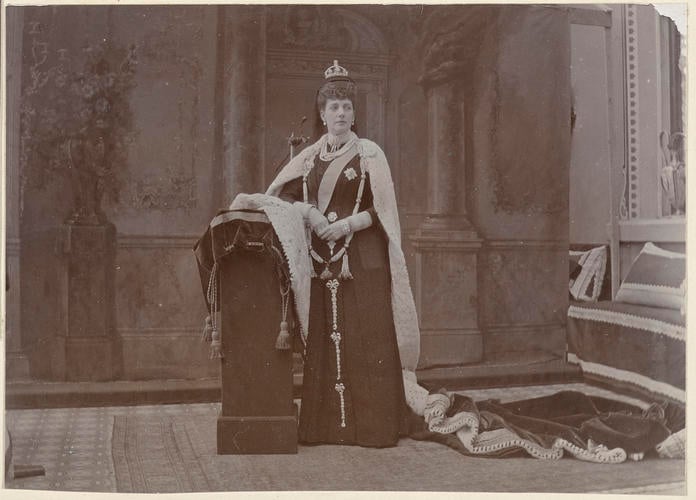 Master: Page 23 of Princess Victoria's album: photographs of King Edward VII and Queen Alexandra, dressed for the State Opening of Parliament, February 1901
Item: Queen Alexandra dressed for the State Opening of Parliament