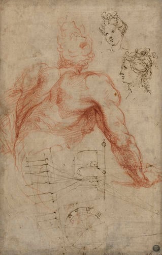 Recto: A study of a nude man seen from behind, and two female heads. Verso: A study of a draped figure Recto: A study of a nude man seen from behind, and two female heads. Verso: A study of a draped figure