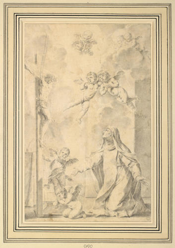 A Saint (St Caterina Vigri?) kneeling before the cross A Saint (St Caterina Vigri?) kneeling before the cross