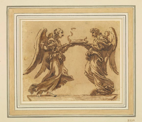 Two standing angels holding a monstrance
