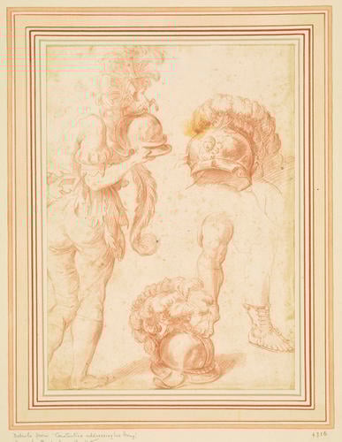 Studies of helmets, sandals and a standing figure Studies of helmets, sandals and a standing figure