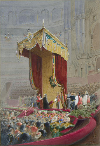 The Opening of the Colonial and Indian Exhibition, 1886: the Prince of Wales presenting the Address to the Queen, 4 May