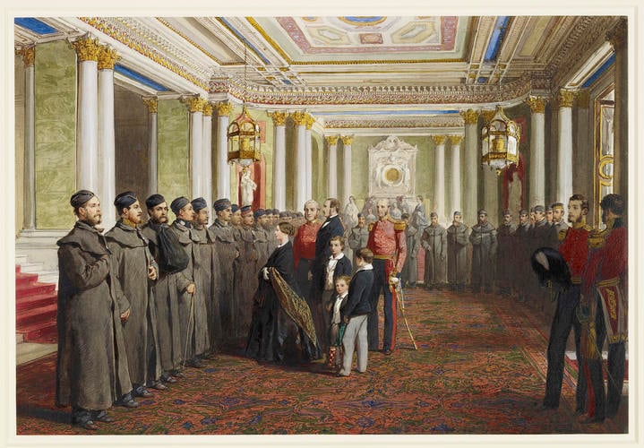 Queen Victoria and Prince Albert inspecting wounded Grenadier Guardsmen at Buckingham Palace