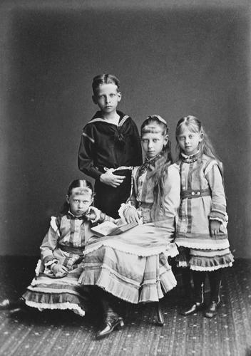 Prince Waldemar of Prussia with his sisters, Princesses Sophie, Victoria, and Margaret of Prussia, 1878 [in Portraits of Royal Children Vol. 23	1878-79]