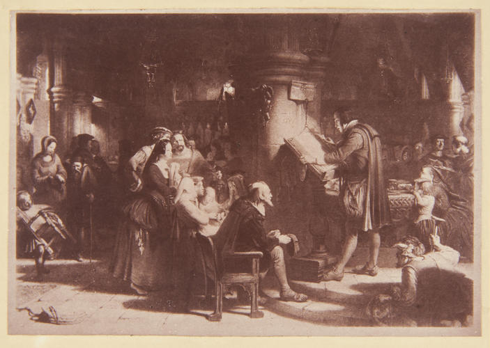 'From the line engraving after Wilkie's picture of the Reading of the Bible at the Reformation' 'From the line engraving after Wilkie's picture of the Reading of the Bible at the Reformation'
