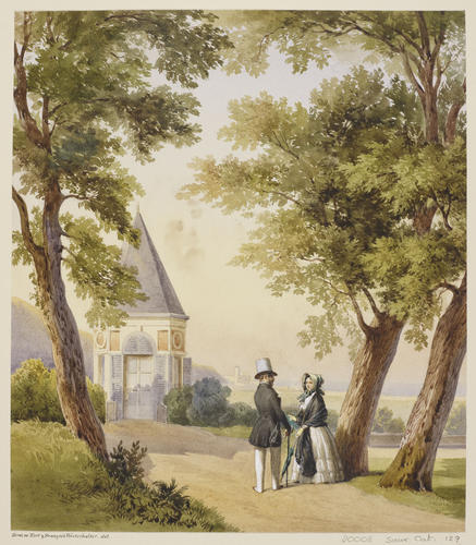 Royal visit to Louis-Philippe: Queen Victoria with the King by the Montpensier Summer House at Chateau d'Eu, 3 September 1843