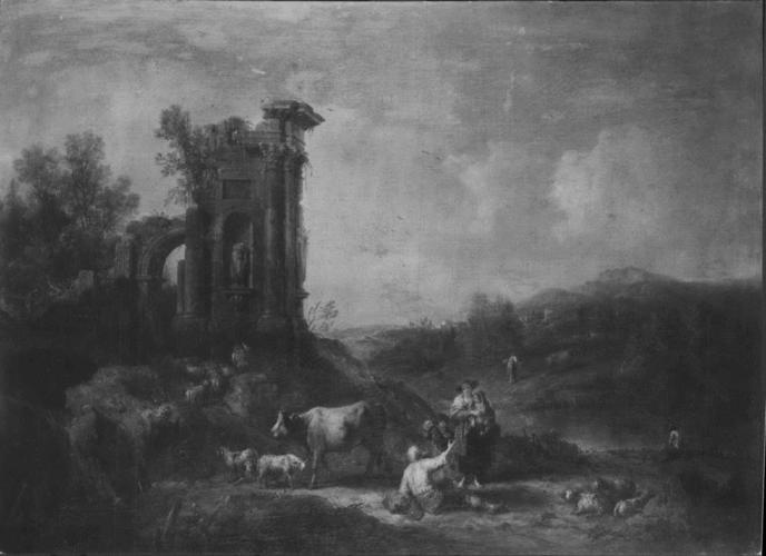 Landscape with Classical Ruins, Cattle and Figures