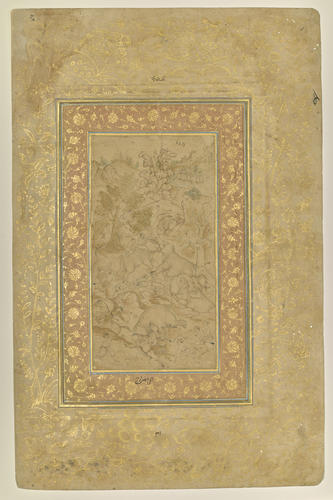 Folio from a Mughal album (A Wild Elephant Hunt by Dhanraj; Calligraphy by Mir Ali and Muhammad Husayn Kashmiri)