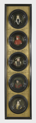 Wax portraits of Mary, Queen of Scots, Cardinal Wolsey, Henry VIII, Thomas More and Edward VI