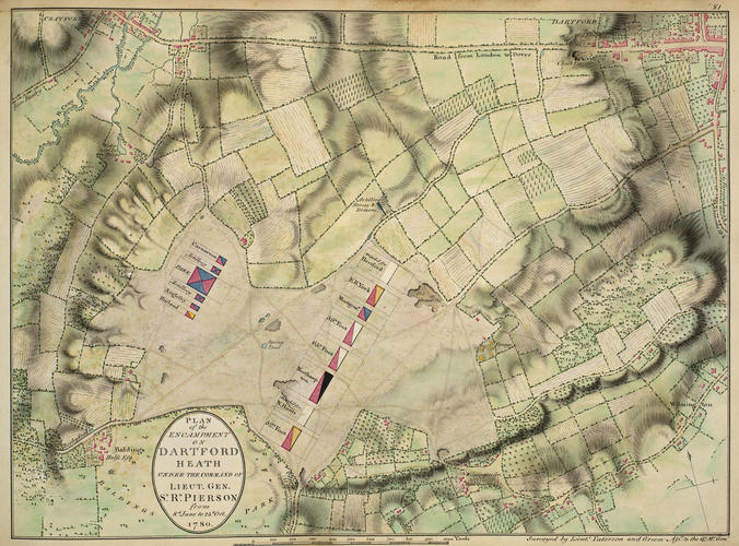 Master: Maps of encampments in England and Great Britain, 1778-82
Item: Map of encampment on Dartmouth Heath, 1780 (Dartford, Kent, UK) 51?25'54 Master: Maps of encampments in England and Great Britain, 1778-82
Item: Map of encampment on Dartmouth Heath, 1780 (Dartford, Kent, UK) 51?25'54