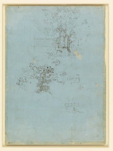 Recto: Designs for gun-barrels and mortars. Verso: A town wall being blown up