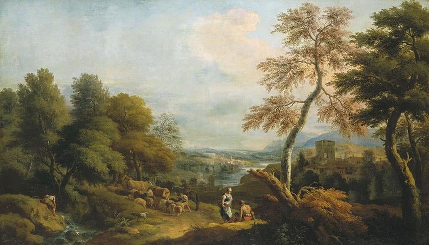 Landscape with Cattle and a Woman Speaking to a Seated Man