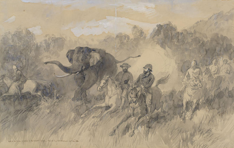 Visit of the Prince of Wales to India, November 1875 - January 1876: The Prince in the Terai, chased by a wild elephant