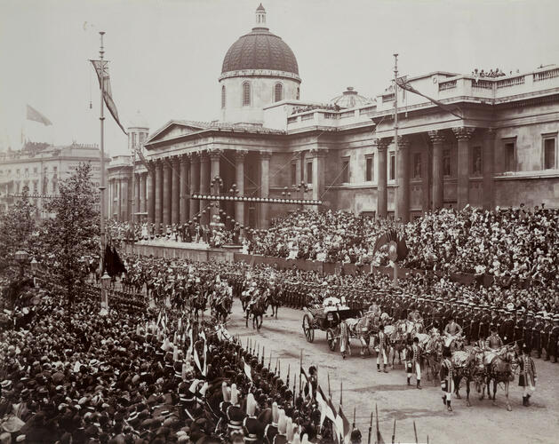Photograph of Queen Victoria's Diamond Jubilee procession in front of the National Gallery, June 22nd 1897