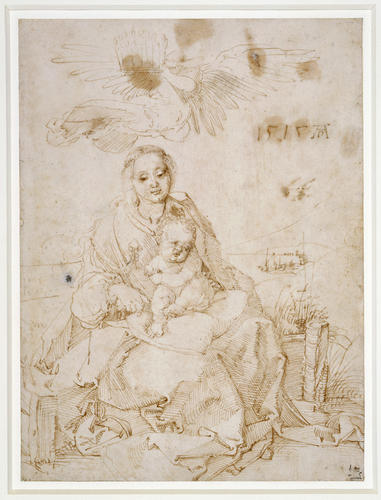 The Virgin and Child on a grassy bank, crowned by an angel