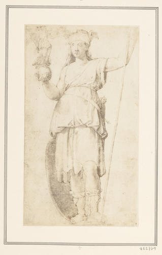 A caryatid holding a globe upon which stands a winged Victory