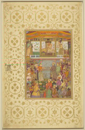 Master: Padshahnamah پادشاهنامه (The Book of Emperors)
Item: Jahangir presents Shah-Jahan with a turban ornament (12 October 1617) Master: Padshahnamah پادشاهنامه (The Book of Emperors)
Item: Jahangir presents Shah-Jahan with a turban ornament (12 October 1617)