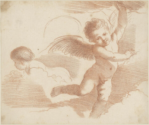 Two nude putti in clouds, one with wings
