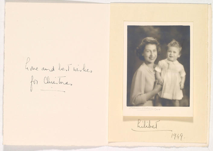 Princess Elizabeth's Christmas card with photograph of Princess Elizabeth and Prince Charles