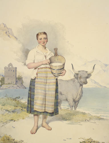 Young woman with a Highland cow and a milk churn