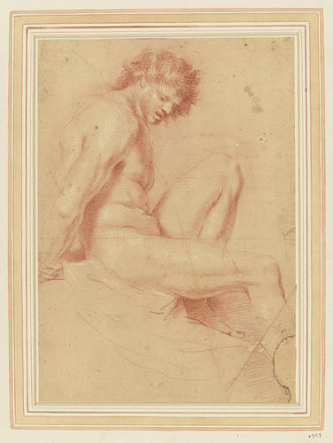 A male nude figure, seated to right, left leg bent