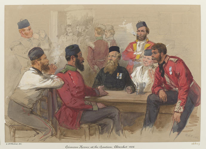 Crimean heroes at the canteen, Aldershot
