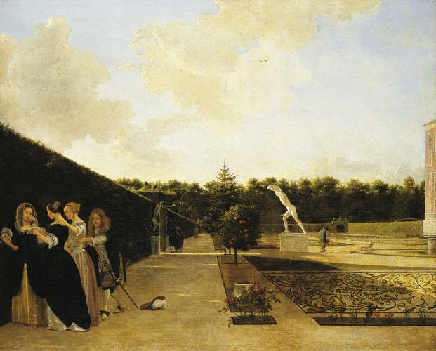 A formal Garden: three Ladies surprised by a Gentleman